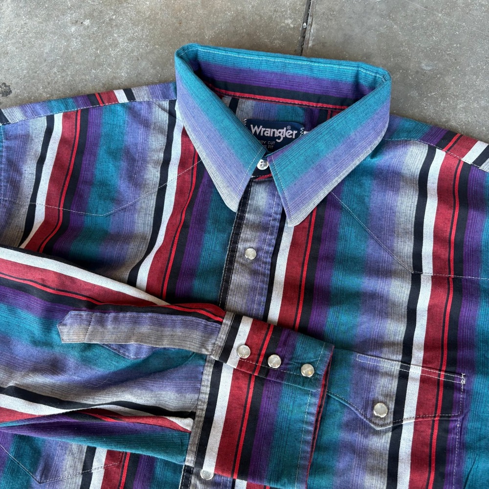 Vintage Wrangler Pearl Snap Shirt Men's 18-35 Striped Cowboy X-Long Tails USA